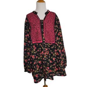 Ulla Popken Black Floral Tunic Top Button Front Embroidered Women 20/22